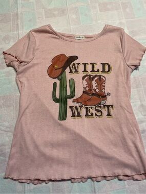 Girls Forever Me Pink Western Ribbed Short Sleeve Tee Shirt